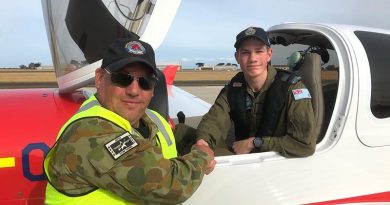 CWOFF Artyom Keddie is congratulated by Squadron Leader (AAFC) Scott Wiggins, Staff Officer Operations with Aviation Operations Wing, following his first solo powered flight in the new DA40 NG on 18 April 2019.