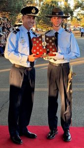 CFSGT Artyom Keddie receives his Dux of the Cadet Warrant Officer Course award from Air Commodore Gary Martin, Director General Cadets – Air Force. Photo by Aircraftman (AAFC) Josh Watson.