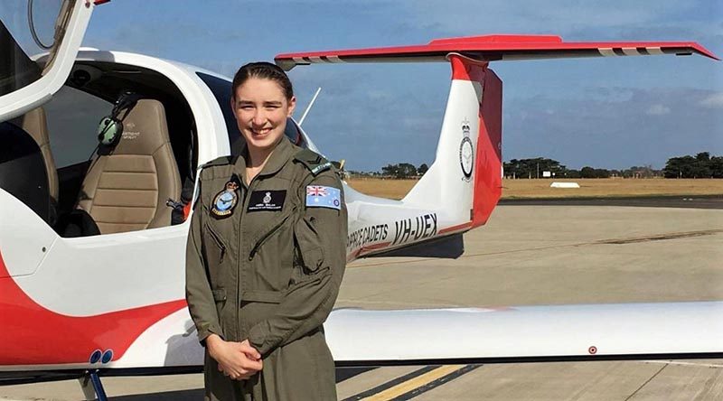 CCPL Kiera Galan, 429 Squadron AAFC, after completing her first solo flight in a DA40 NG on 18 April 2019. Photo by SQNLDR (AAFC) Scott Wiggins.