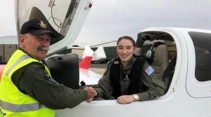 CCPL Kiera Galan, 429 Squadron AAFC, is congratulated by SQNLDR Gary Presneill, EFTS Head of Operations and flying Instructor, following her first solo powered flight in a DA40 NG on 18 April 2019. Photo by SQNLDR (AAFC) Scott Wiggins.