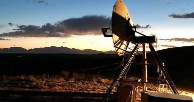 Raytheon’s troposcatter system transmitting during U.S. Army field testing. The system works by scattering signals in the troposphere to overcome the limits of terrain and the potential loss of satellite availability. Raytheon image.