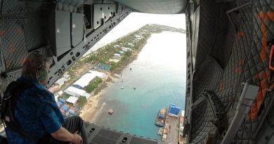 United Nations Secretary General António Guterres views islands of Tuvalu from the ramp of a No. 35 Squadron C-27J Spartan. Story and photo by Eamon Hamilton.