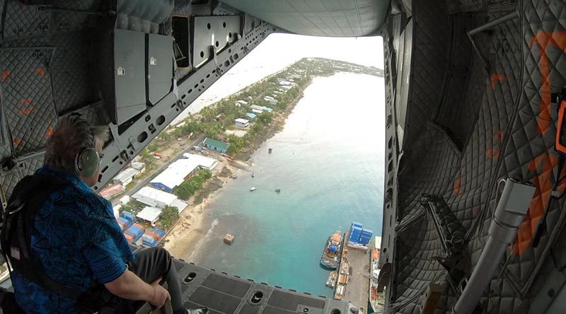 United Nations Secretary General António Guterres views islands of Tuvalu from the ramp of a No. 35 Squadron C-27J Spartan. Story and photo by Eamon Hamilton.