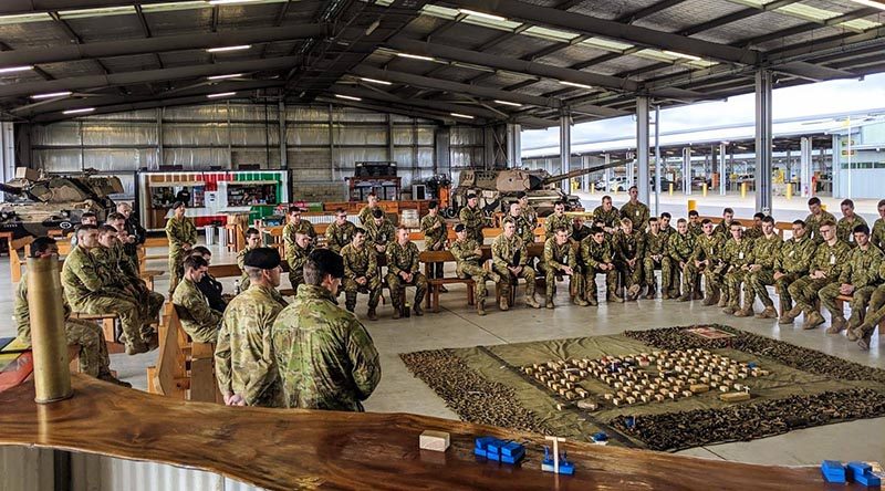 Members of 1st Armoured Regiment observe a presentation on the Battle of Binh Ba, presented by B Squadron soldiers. 1st Armoured Regiment photo.