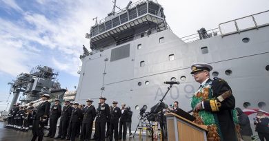Chief of Navy Rear Admiral David Proctor addresses guests at the official Commissioning Ceremony for HMNZS Manawanui. NZDF photo.