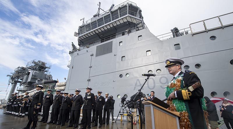 Chief of Navy Rear Admiral David Proctor addresses guests at the official Commissioning Ceremony for HMNZS Manawanui. NZDF photo.