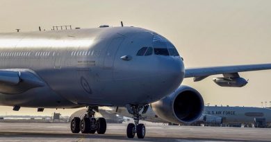 A Royal Australian Air Force KC-30A Multi Role Tanker Transport lands at the main air operating base in the Middle East Region. Photo by Tech Sergeant Jocelyn A Ford.