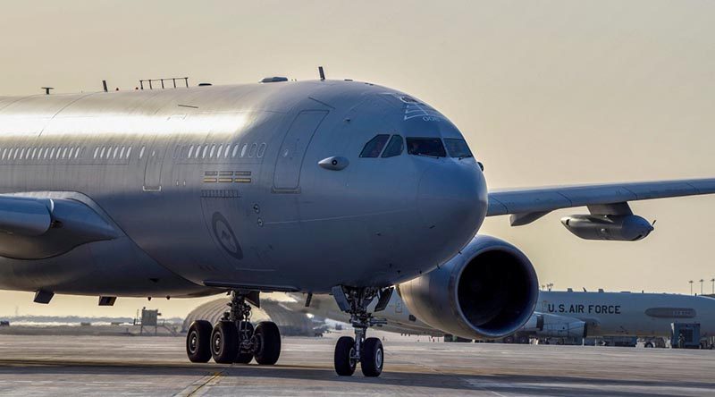 A Royal Australian Air Force KC-30A Multi Role Tanker Transport lands at the main air operating base in the Middle East Region. Photo by Tech Sergeant Jocelyn A Ford.