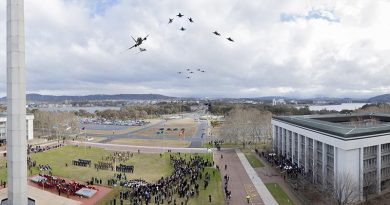 Digitally-altered/fake photo of mass flypast over Blamey Square, Canberra.