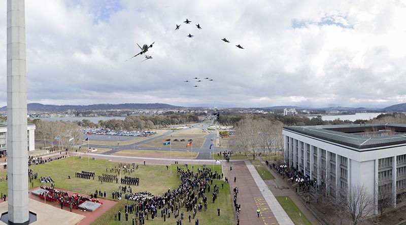 Digitally-altered/fake photo of mass flypast over Blamey Square, Canberra.