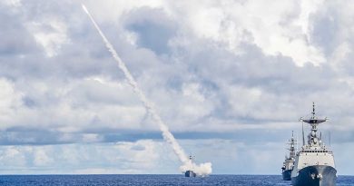 Royal Australian Navy guided-missile frigate HMAS Melbourne launches an SM2 missile while holding formation with Republic of Korea Navy guided-missile destroyer ROKS Wang Geon and Japanese Maritime Self Defense Force destroyer JS Ariake during a live-fire demonstration as part of Pacific Vanguard. Photo by MC2 Taylor DiMartino.