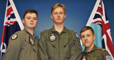 Potential DA40 NG pilots Leading Cadet Hudson Elliott, 609 Squadron, Warradale Barracks, and Cadet Corporal Michael Yelland and Leading Cadet Tristan Hahn, both 605 Squadron, Lonsdale. Photo by Flying Officer (AAFC) Paul Rosenzweig.