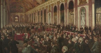 A painting by Joseph Finnemore in 1919 to commemorate the signing of the peace treaty in Versailles, capturing a moment during the signing ceremony in the Hall of Mirrors in the Palace of Versailles. Oil on linen, 165 x 247cm. Australian War Memorial ART16770.