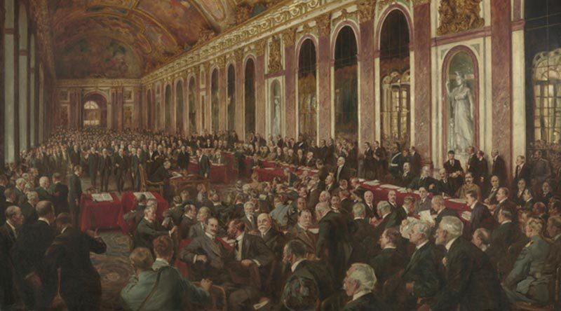 A painting by Joseph Finnemore in 1919 to commemorate the signing of the peace treaty in Versailles, capturing a moment during the signing ceremony in the Hall of Mirrors in the Palace of Versailles. Oil on linen, 165 x 247cm. Australian War Memorial ART16770.