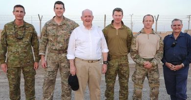 Governor-General Sir Peter Cosgrove with Australian Victoria Cross recipients (from right), Keith Payne VC, Corporal Mark Donaldson VC, Corporal Daniel Keighran VC and Corporal Ben Roberts-Smith VC MG, and then Chief of Army Lieutenant General Angus Campbell, on a visit to Australian troops in Baghdad, Iraq (August 2015).
