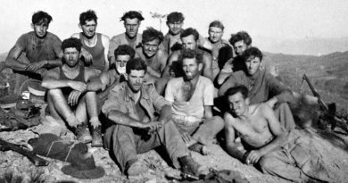 Survivors from 5 Platoon, B Company, 3RAR, after the Battle of Maryang San, October 1951. AWM P04953.002