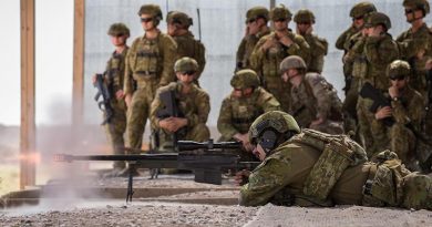 Australian Army Corporal Bradley Rawnsley, deployed with Task Group Taji 9, fires an AW50 sniper rifle during weapons familiarisation drills at the Taji Military Complex, Iraq. Photo by Corporal Nunu Campos.