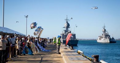 Families and friends welcome home HMAS Ballarat at Fleet Base West, Western Australia, after her nine-month deployment on Operation Manitou. Photo by Leading Seaman Kylie Jagiello.