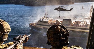 Australian Army soldiers from 2nd Commando Regiment secure a Sydney ferry in Middle Harbour, New South Wales, during counter-terrorism training. Photo by Corporal Kyle Genner.