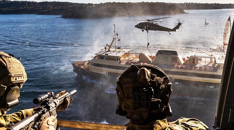 Australian Army soldiers from 2nd Commando Regiment secure a Sydney ferry in Middle Harbour, New South Wales, during counter-terrorism training. Photo by Corporal Kyle Genner.