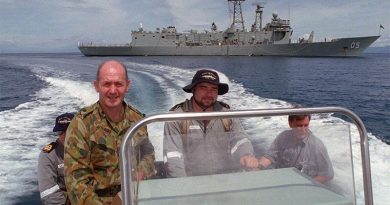 Major General Peter Cosgrove is whisked ashore from HMAS Melbourne in Dili Harbour after a brief visit. Photo by Corporal Brian Hartigan for ARMY Newspaper.