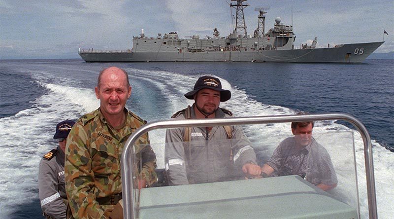 Major General Peter Cosgrove is whisked ashore from HMAS Melbourne in Dili Harbour after a brief visit. Photo by Corporal Brian Hartigan for ARMY Newspaper.