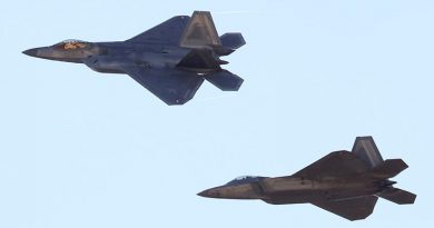 Two F-22 Raptors flying at RAAF Base Amberley during Exercise Talisman Sabre 2019. Photo by Christabel Migliorini.