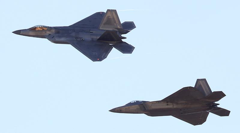 Two F-22 Raptors flying at RAAF Base Amberley during Exercise Talisman Sabre 2019. Photo by Christabel Migliorini.