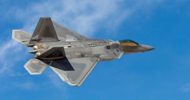 A United States Air Force F-22 Raptor conducts a low pass at Nellis Air Force Base, Nevada, during an Exercise Red Flag 19-1. Photo by Corporal David Cotton.