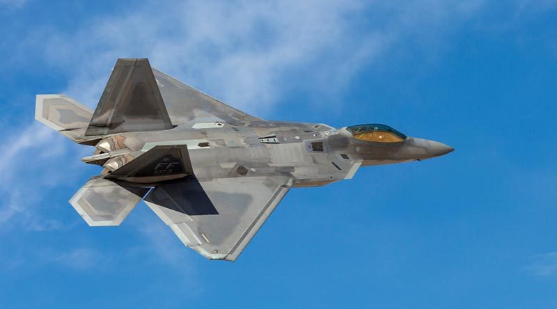 A United States Air Force F-22 Raptor conducts a low pass at Nellis Air Force Base, Nevada, during an Exercise Red Flag 19-1. Photo by Corporal David Cotton.