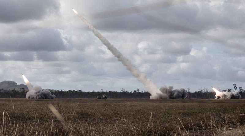 United States Marine Corps and United States Army High Mobility Artillery Rocket Systems perform a live firing drill at Plains Airfield during Exercise Talisman Sabre 2019. Photo by Leading Seaman Craig Walton.