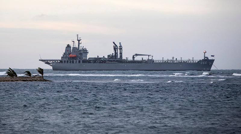 HMAS Sirius at anchor off the coast of Samoa. Photo by Corporal Jessica de Rouw.