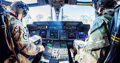 An Australian Army officer co-pilots a Royal New Zealand Air Force NH90 helicopter with a New Zealand pilot from No. 3 Squadron RNZAF during Exercise Talisman Sabre. NZDF photo.