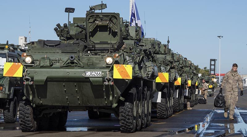 New Zealand Army vehicles are prepared for loading onto HMNZS Canterbury at the New Zealand port of Napier, headed for Exercise Talisman Sabre in Queensland, Australia. NZDF photo.