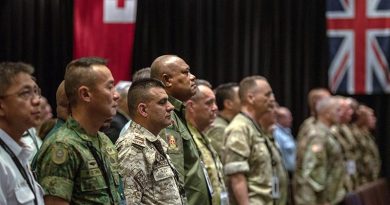 Delegates from Australia, Fiji, Jordan, Papua New Guinea, Tonga, Singapore, the United Kingdom and the United States at the opening ceremony of the Senior Enlisted Leaders Conference 2019 (SELCONF19) hosted by the New Zealand Army. NZDF photo.