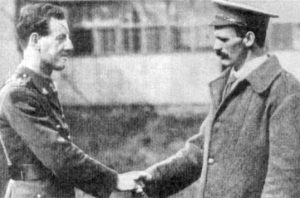 Private Martin O'Meara VC, 16th Bn AIF, (right), meets Lieutenant Albert Jacka VC MC, 14th Bn, sometime after the Battle of Pozières, in 1916. Both were in England recuperating from wounds received at the Battle of Pozières (where Jacka won a Military Cross (he was awarded the VC for his actions at Gallipoli and a Bar for the MC in 1917).