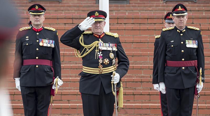 Now-retired Governor-General of Australia, the Honourable Sir Peter Cosgrove AK,, MC (Retd), takes a salute during his last military parade, at the Royal Military College - Duntroon. Photo by Leading Seaman Craig Walton.