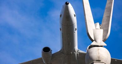 A RAAF P-8 Poseidon flies over the Russell Offices 'chook on a stick' during the Chief of Air Force change-of-command parade. Other aircraft, all of which had been introduced into RAAF service during Air Marshal Leo Davies' tenure, also flew over – including EA-18G Growler, F-35 Lightning and Falcon 7X. Photo by Chief Petty Officer Cameron Martin.