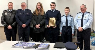 CAPTION: The “Fly High Sci Fi” team from 617 Squadron receive their National Aerospace Competition award (left to right): FLGOFF(AAFC) Chris Trewin (Commanding Officer, 617 Squadron), GPCAPT Warren Bishop (Competition Manager), LCDT Stephanie Hudson, CWOFF Ian van Schalkwyk, CCPL James Armfield and WGCDR(AAFC) Patrick Pulis (Officer Commanding, 6 Wing). Image supplied by Air Force.