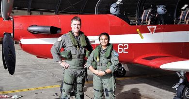 CSGT Tharane Thamodarar prepares for the flight of her life (thus far) in an Adelaide-based RAAF PC-9/A, with FLTLT Moriarty from ARDU. Image supplied by CSGT Tharane Thamodarar.