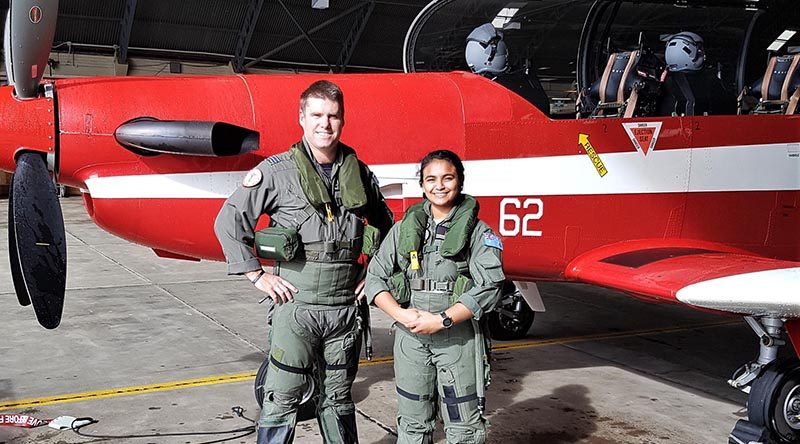 CSGT Tharane Thamodarar prepares for the flight of her life (thus far) in an Adelaide-based RAAF PC-9/A, with FLTLT Moriarty from ARDU. Image supplied by CSGT Tharane Thamodarar.