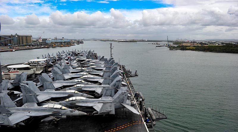 USS Ronald Reagan enters the Port of Brisbane ahead of Exercise Talisman Sabre 2019. Photo courtesy USS Ronald Reagan Facebook page.