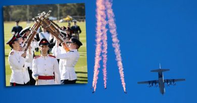 Australian Army Parachute Display Team freefall from a Royal Australian Air Force C-130J Hercules at the 2019 Australian Defence Force Academy Open Day, Canberra. Inset: ADFA’s Precision Drill Team put on a spectacular routine. Photos by Sam Price.