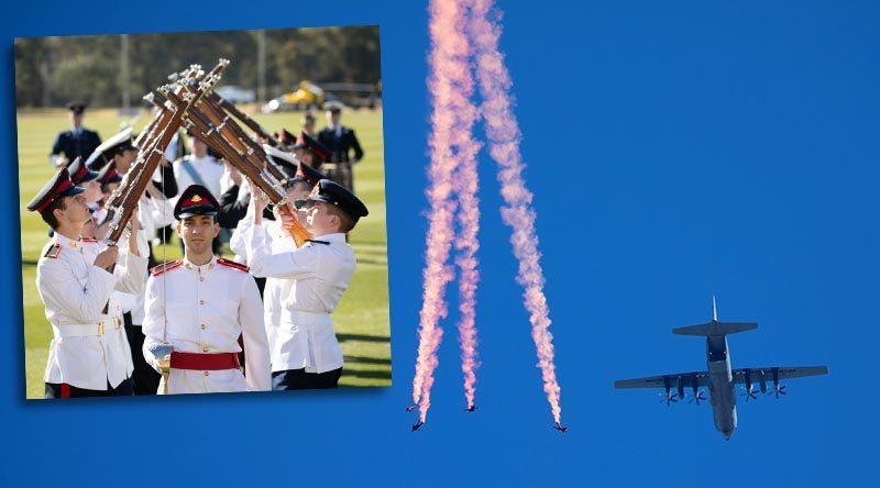 Australian Army Parachute Display Team freefall from a Royal Australian Air Force C-130J Hercules at the 2019 Australian Defence Force Academy Open Day, Canberra. Inset: ADFA’s Precision Drill Team put on a spectacular routine. Photos by Sam Price.