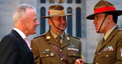 Director of the Australian War Memorial Brendan Nelson speaks with Sergeant Major of the New Zealand Army Warrant Officer Class One Clive Douglas as Regimental Sergeant Major of the Australian Army Warrant Officer Grant McFarlane watches on. Photo by Corporal Veronica O'Hara.