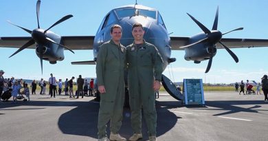 Flight Lieutenants Stuart Pollack and Evan McFarland proudly show off their C-27J Spartan in Brisbane. Photos by Christabel Migliorini.