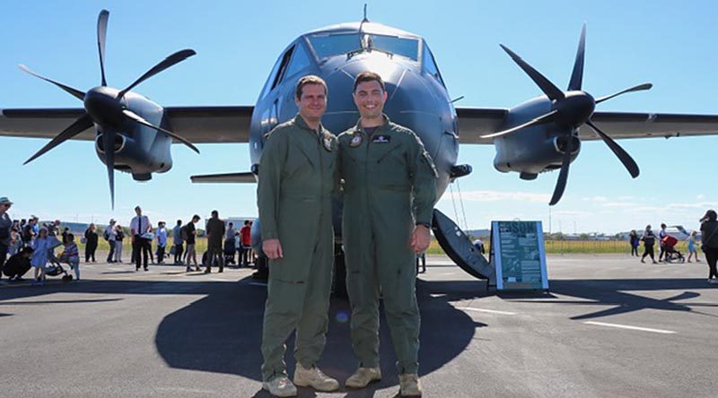 Flight Lieutenants Stuart Pollack and Evan McFarland proudly show off their C-27J Spartan in Brisbane. Photos by Christabel Migliorini.