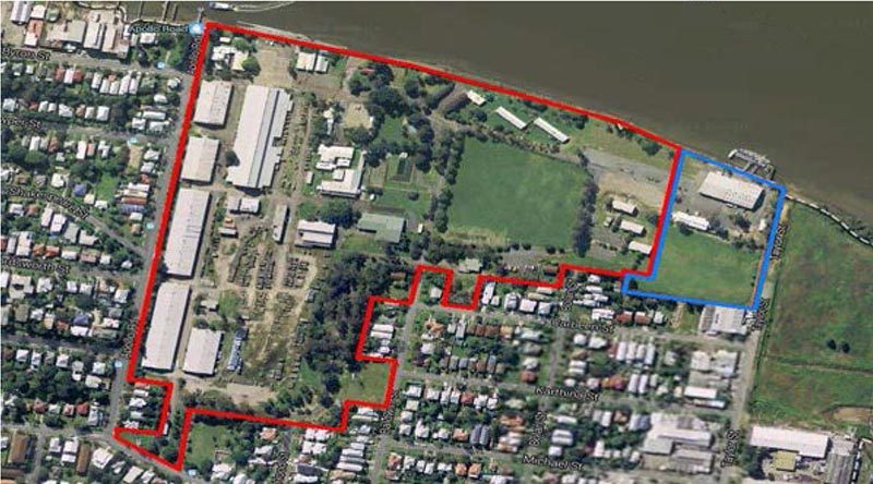 The Bulimba Barracks site in Brisbane as sold – red boundary indicates the sale area, blue boundary indicates the new Defence boundary now commissioned as HMAS Moreton.