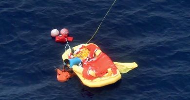 A Royal New Zealand Air Force P-3K2 Orion has found the last crew member overboard from the Chinese fishing vessel Jin Xiang 6, which had been damaged by fire. NZDF photo.