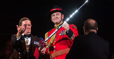 Major Graham Hickman of the New Zealand Army Band, right, receives the Pooley Sword at the final show of the 2019 Royal Edinburgh Military Tattoo. Photo courtesy The Royal Edinburgh Military Tattoo.